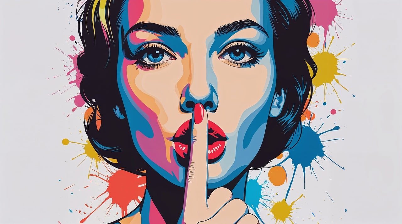 ai generated, silence, secrecy, shush, pop art, colorful, vibrant, woman, finger on lips, portrait, art, graphic, comic style, dramatic, expression, mystery, lips, eyes, bold, splatters, paint
