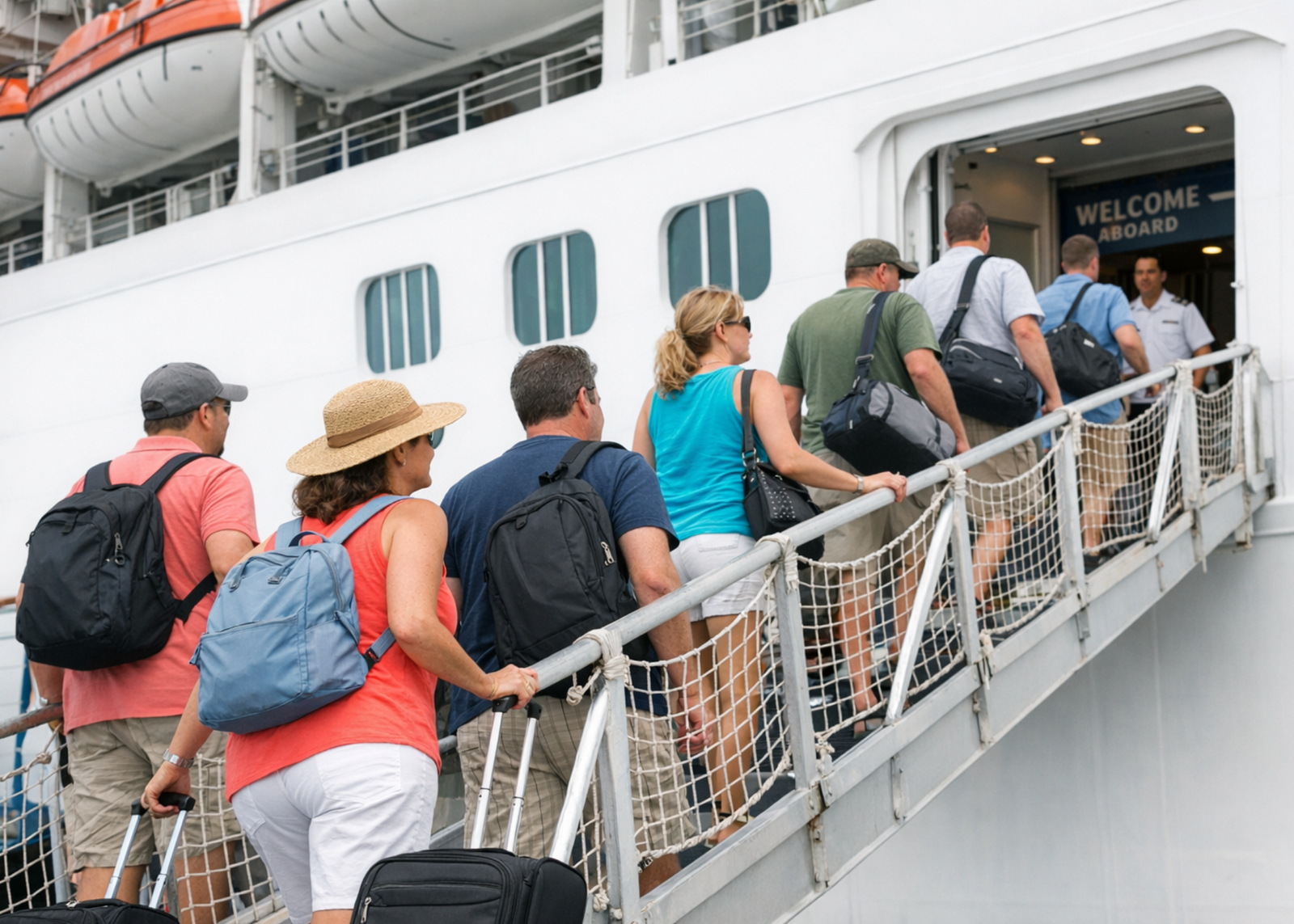 cruisers boarding a ship on the gangway with suitcases. age range from 30 to 55. people are in shorts and t-shirts, tank tops
