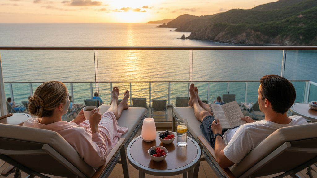 Couple taking quiet self-care moment on lifestyle cruise balcony, balancing social energy and reading about the lifestyle cruise social guide