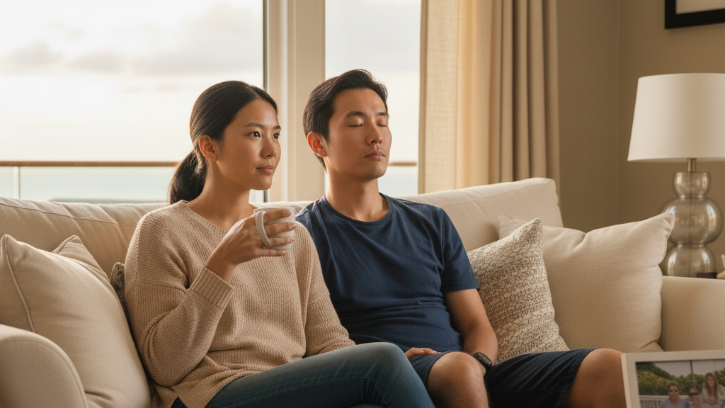 Couple in thoughtful reflection after lifestyle cruise, processing emotional experience and growth