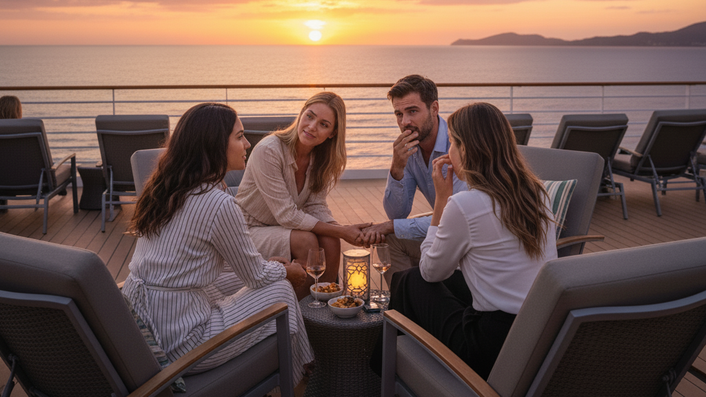 Small group sharing intimate vulnerable conversation moment at sunset on lifestyle cruise