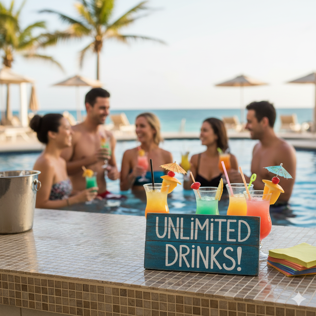 All-Inclusive Resort Tips: What First-Timers Wish They'd Known Before Booking 1 Resort pool bar with unlimited drinks sign at all-inclusive resort