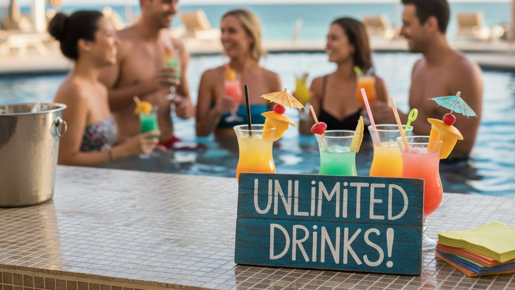 All-Inclusive Resort Tips: What First-Timers Wish They'd Known Before Booking 3 Resort pool bar with unlimited drinks sign at all-inclusive resort tips