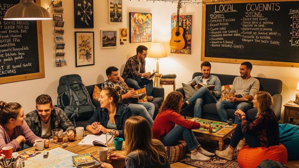 Solo travelers socializing and meeting new friends at hostel common area during independent travel