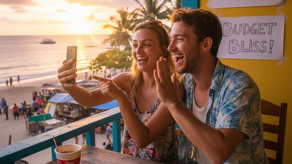 Happy couple celebrating savings on budget vacation