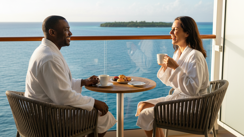 Mixed couple enjoying morning coffee on private balcony on a cruise ship