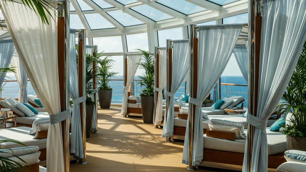 Adult Lifestyle Cruises: What to Expect on Your First Voyage 2 the solarium on adult lifestyle cruises filled with beds that have draped curtains around the beds and tied back to posts