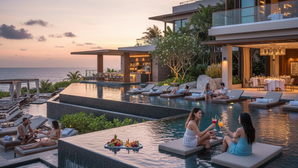 adults-only resort with pools and people on lounge chairs relaxing with drinks