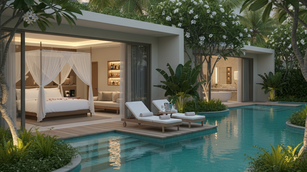 Adults-only resort swim-out suite with private pool for romantic couples vacation