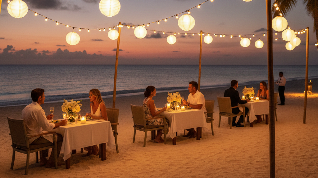 Romantic beachfront dinner at adults-only resort showing couples-focused atmosphere