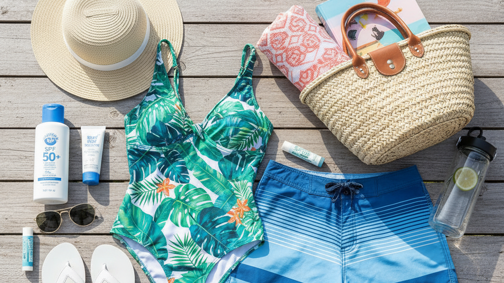Beach vacation packing essentials including swimwear and sunscreen for beach vacation planning
