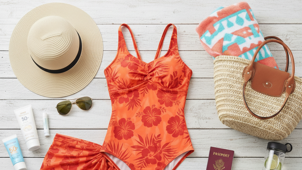 Beach vacation packing essentials with swimwear and sun protection items