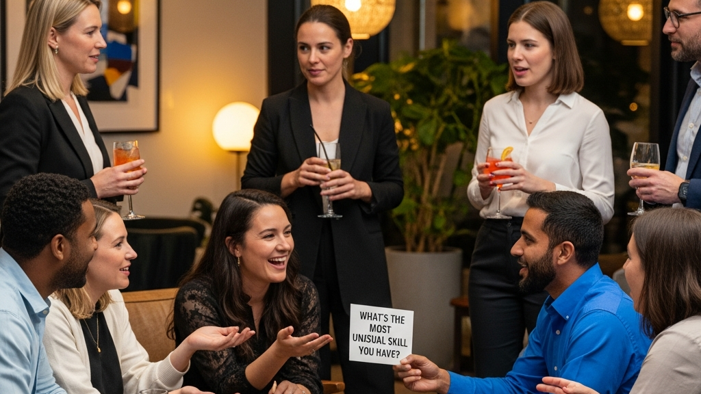 Group of people engaged in lively conversation at social gathering using conversation starters