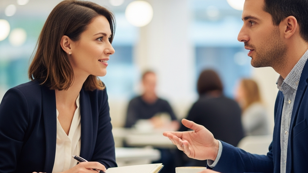 Two people demonstrating conversation starters with active listening and reading social cues