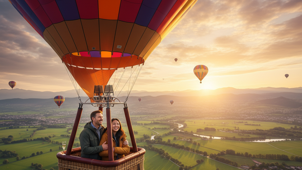 Romantic couple in hot air balloon at sunrise during getaway adventure