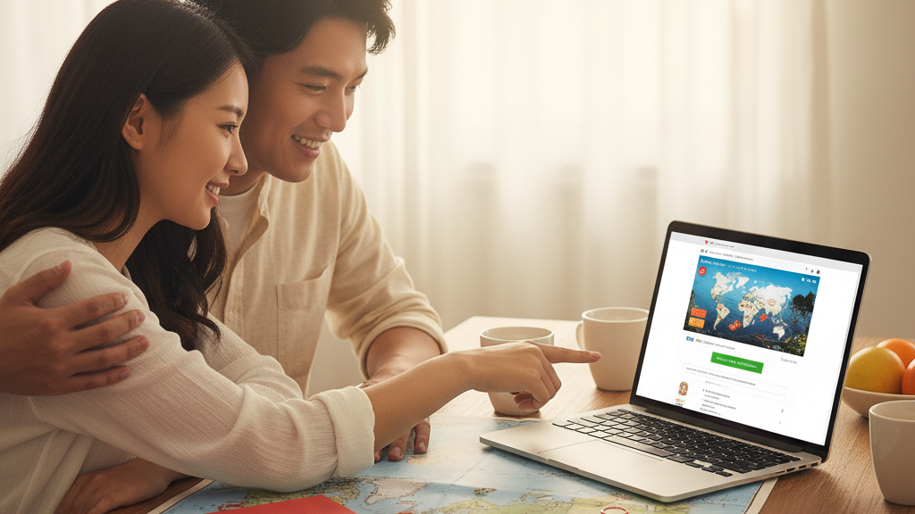 Happy couple planning vacation together using laptop and travel maps for couples vacation planning