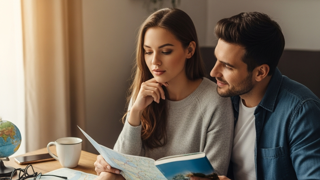 Man and woman planning romantic getaway for couples vacation with map and travel guides