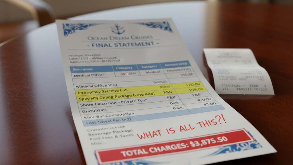 Cruise ship final bill showing unexpected charges illustrating first-time cruiser mistakes with budgeting