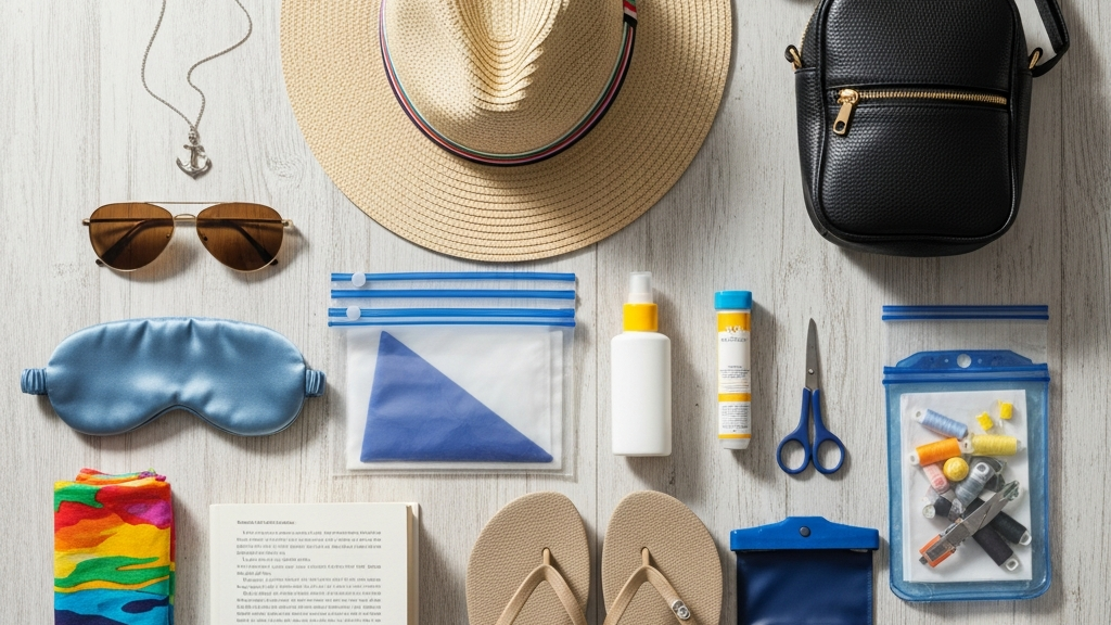 Lifestyle Cruise Packing: Your Complete Checklist 4 items to take on a lifestyle cruise like: jewelry, hat, sunglasses, crossbody bag, eye mask, and other essentials
