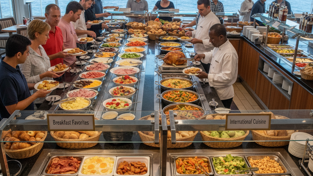 Understanding Cruise Costs: What's Included and What Costs Extra on Your Cruise 3 Cruise ship buffet spread showing included complimentary meals and food options for understanding cruise