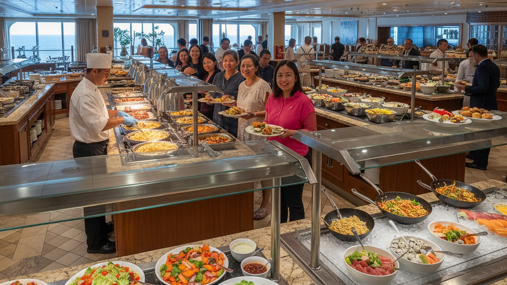 Cruise Ship Dining Guide 2026: Everything You Need to Know 4 Cruise ship buffet with multiple international food stations showing cruise dining variety