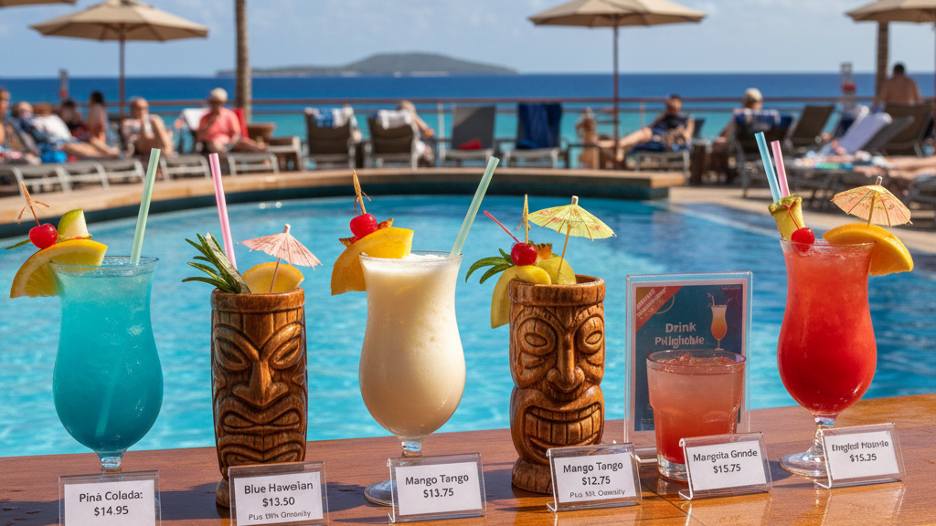 Understanding Cruise Costs: What's Included and What Costs Extra on Your Cruise 4 Tropical cocktails by cruise ship pool with visible price tags showing cruise beverage costs