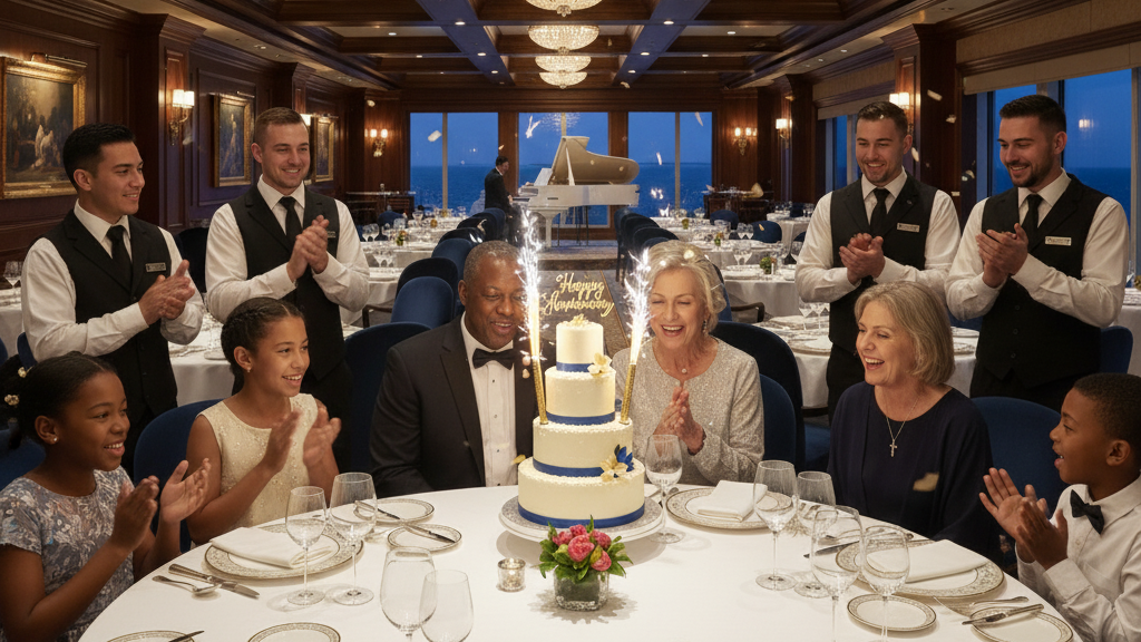 Cruise Ship Dining Guide 2026: Everything You Need to Know 5 Cruise ship dining room celebration with cake for birthday or anniversary special occasion
