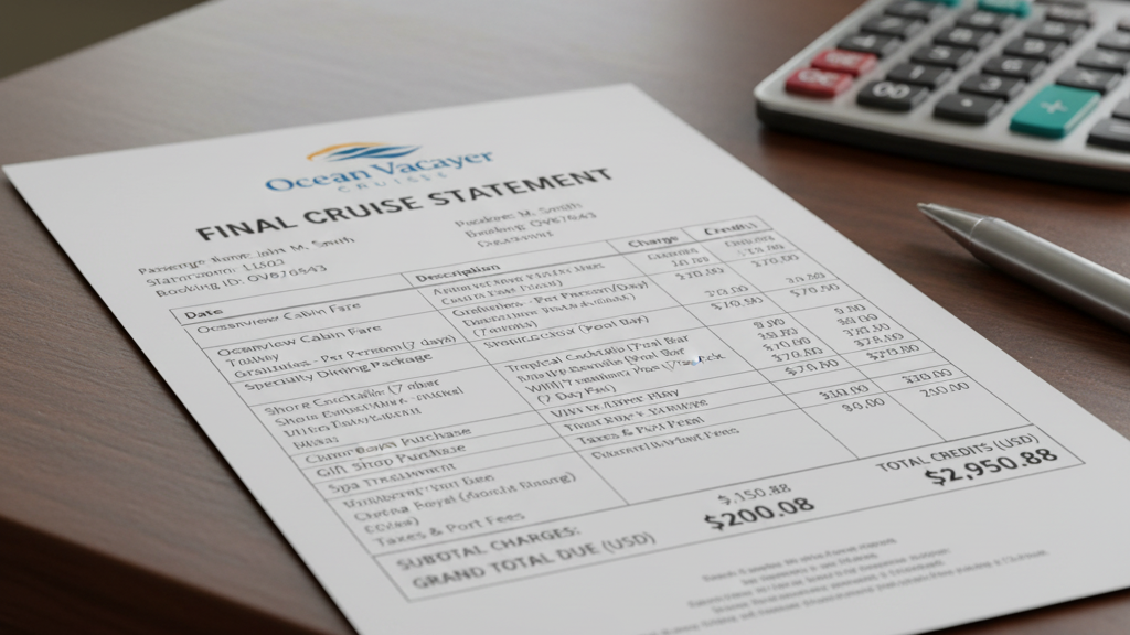 Understanding Cruise Costs: What's Included and What Costs Extra on Your Cruise 6 Sample cruise ship final bill showing itemized charges and total cruise costs for budget planning