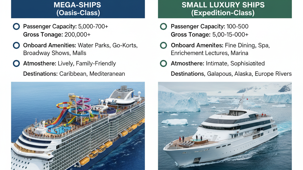 Cruise ship size comparison showing mega-ships versus small luxury ships for choosing cruise lines