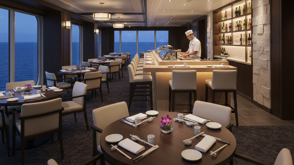 Cruise Ship Dining Guide 2026: Everything You Need to Know 3 Upscale cruise ship specialty sushi restaurant with premium dining atmosphere