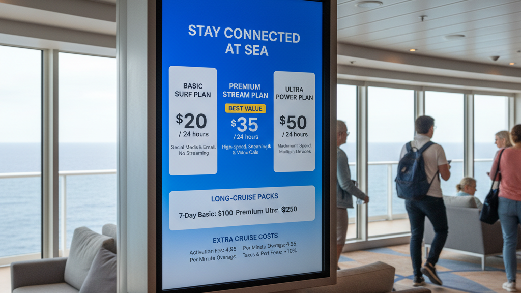 Understanding Cruise Costs: What's Included and What Costs Extra on Your Cruise 5 Cruise ship WiFi and internet package pricing board displaying daily rates and extra cruise costs