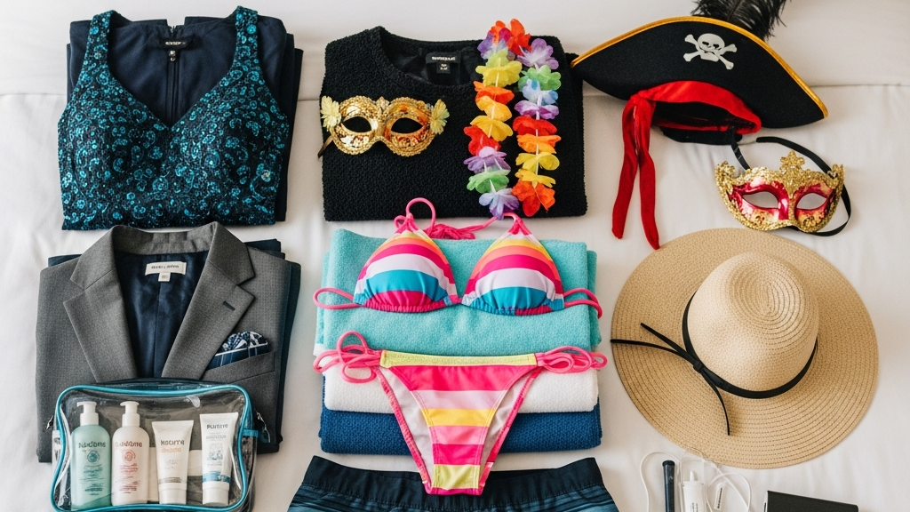 Lifestyle Cruise Packing: Your Complete Checklist 3 Variety of theme night outfits for cruise events including white party tropical and elegant attire