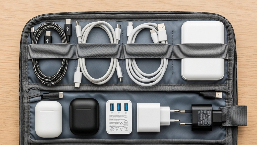 Electronics packing organizer with charging cables and adapters for efficient travel packing guide