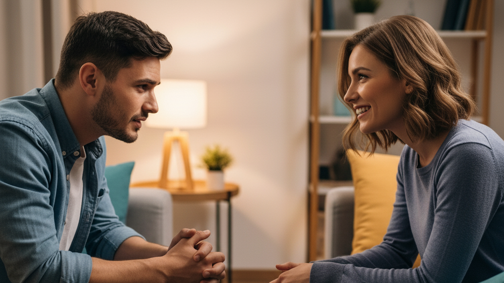 First Lifestyle Event: What to Expect and How to Prepare 2 Couple sitting on a couch discussing expectations and boundaries about an event, with nervous excitement