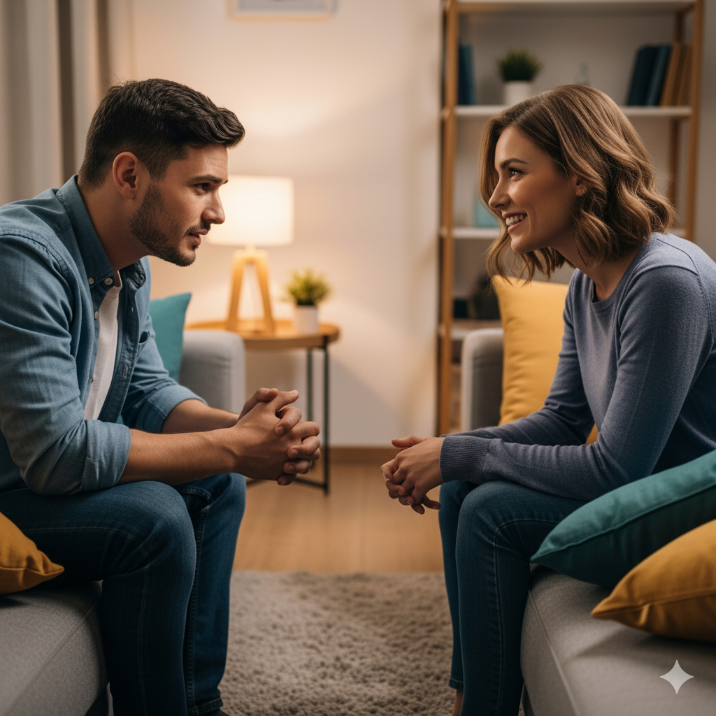 Couple sitting on a couch discussing expectations and boundaries about an event, with nervous excitement