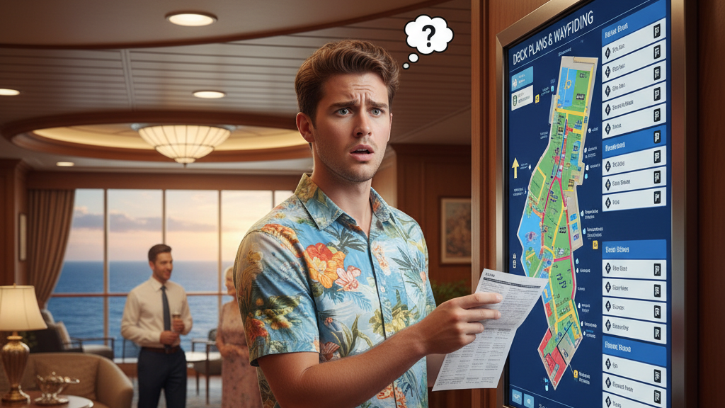 Confused first-time cruiser looking at cruise ship directory map making common first-time cruiser mistakes