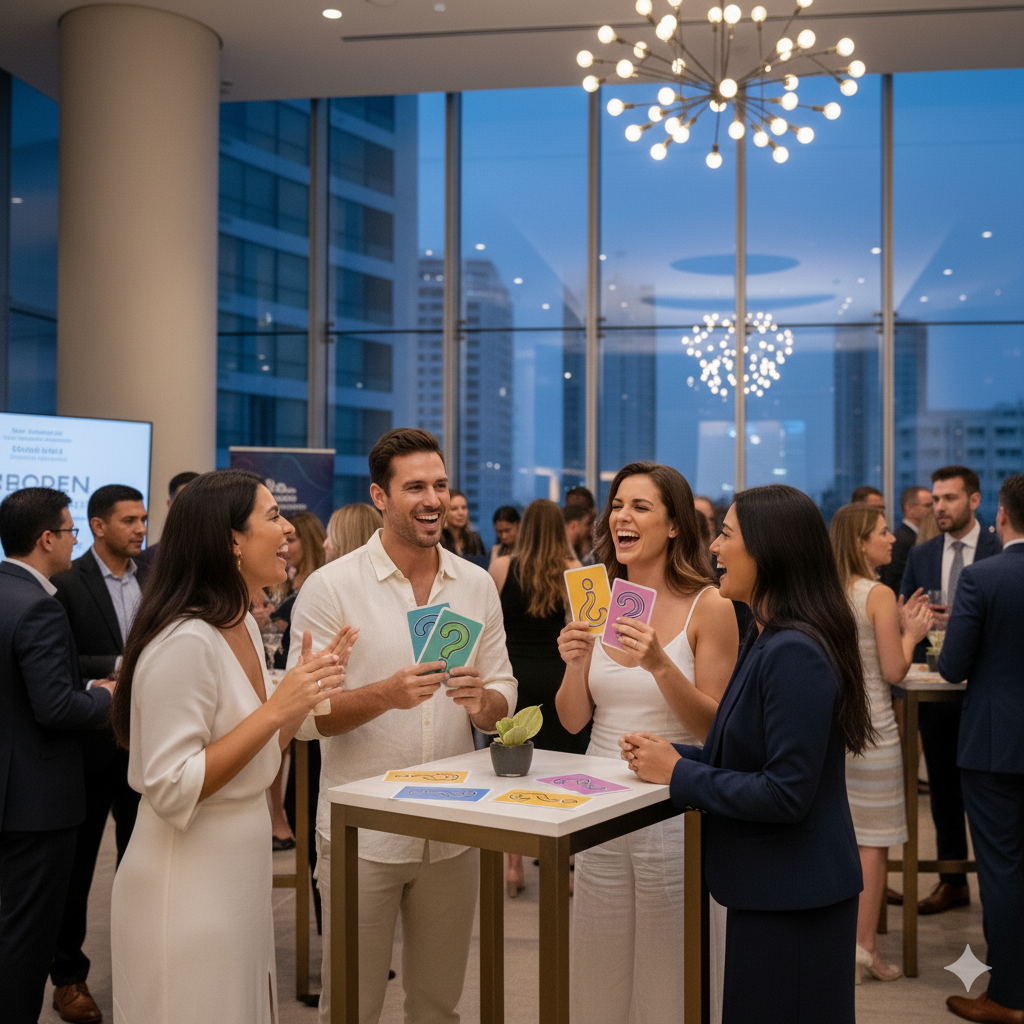 Group of people engaged in lively conversation at social gathering using conversation starters