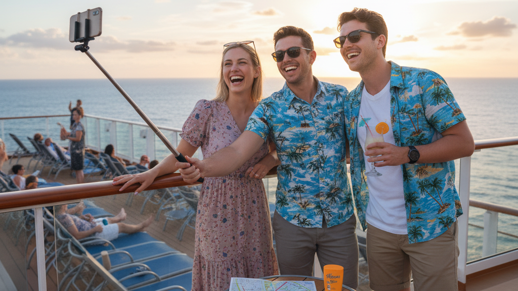 Happy first-time cruisers enjoying cruise ship deck after avoiding common first-time cruiser mistakes