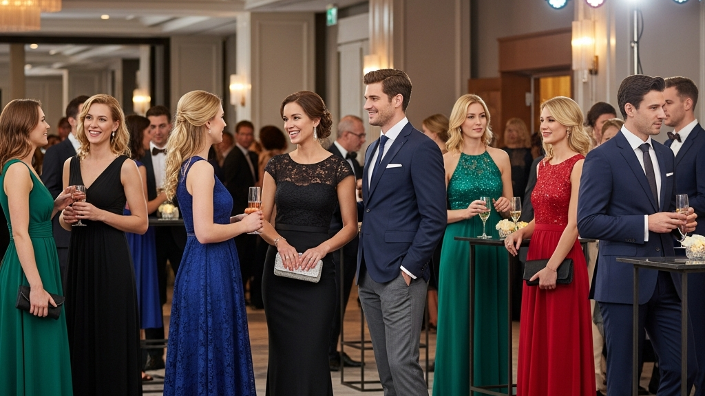 Hotel Party Events: What First-Timers Need to Know 7 Hotel party guests in upscale cocktail attire showing appropriate dress code for venue events