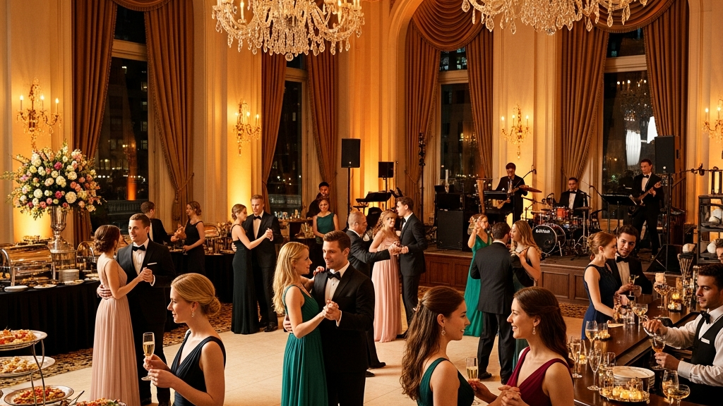 Hotel Party Events: What First-Timers Need to Know 2 Elegant hotel party event in upscale ballroom with guests dancing and socializing at nighttime celebration