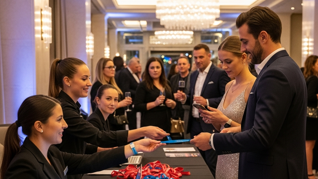 Hotel Party Events: What First-Timers Need to Know 5 Hotel party event check-in with guests arriving and receiving wristbands at registration table