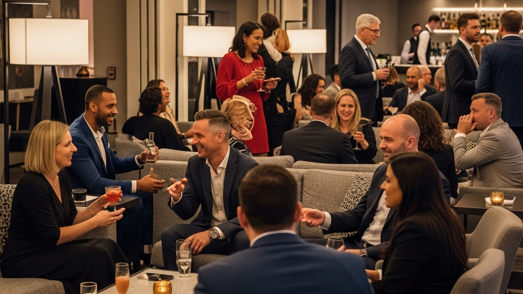 Hotel Party Events: What First-Timers Need to Know 8 Hotel party event guests having engaging conversations and socializing in lounge area
