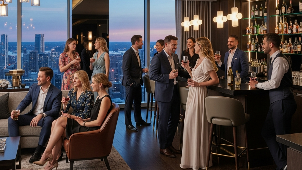 Hotel Party Events: What First-Timers Need to Know 3 Intimate hotel suite party in luxury penthouse with small group socializing in upscale setting