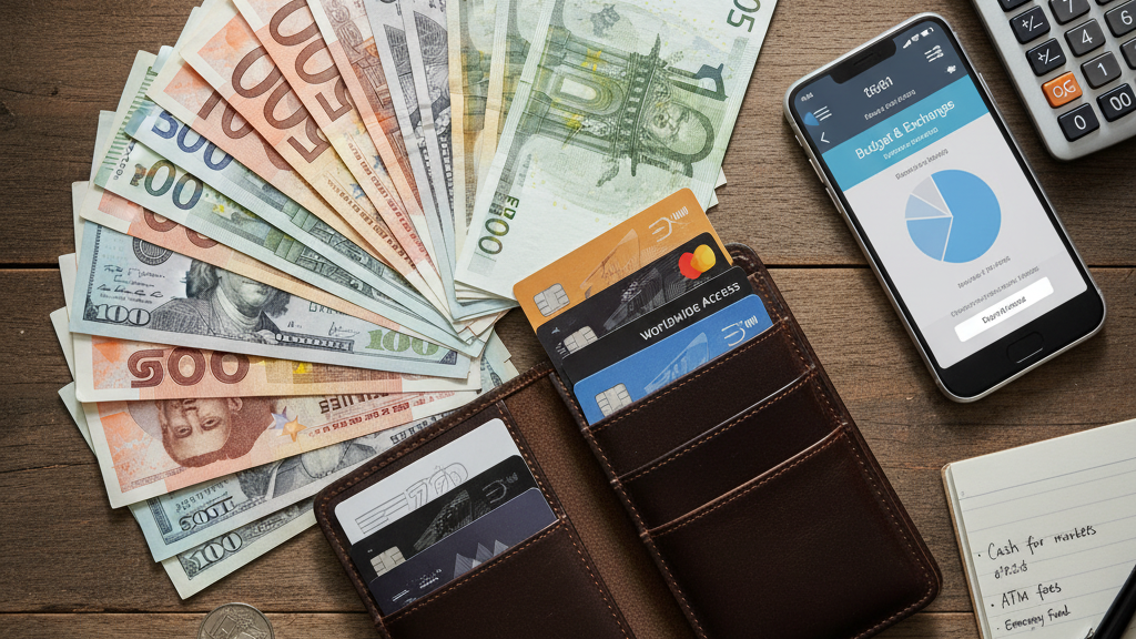 International currency and credit cards showing money management for international travel