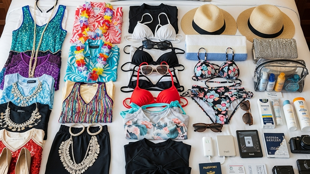 Lifestyle Cruise Packing: Your Complete Checklist 2 Organized cruise packing with theme night outfits swimwear and lifestyle event essentials laid out