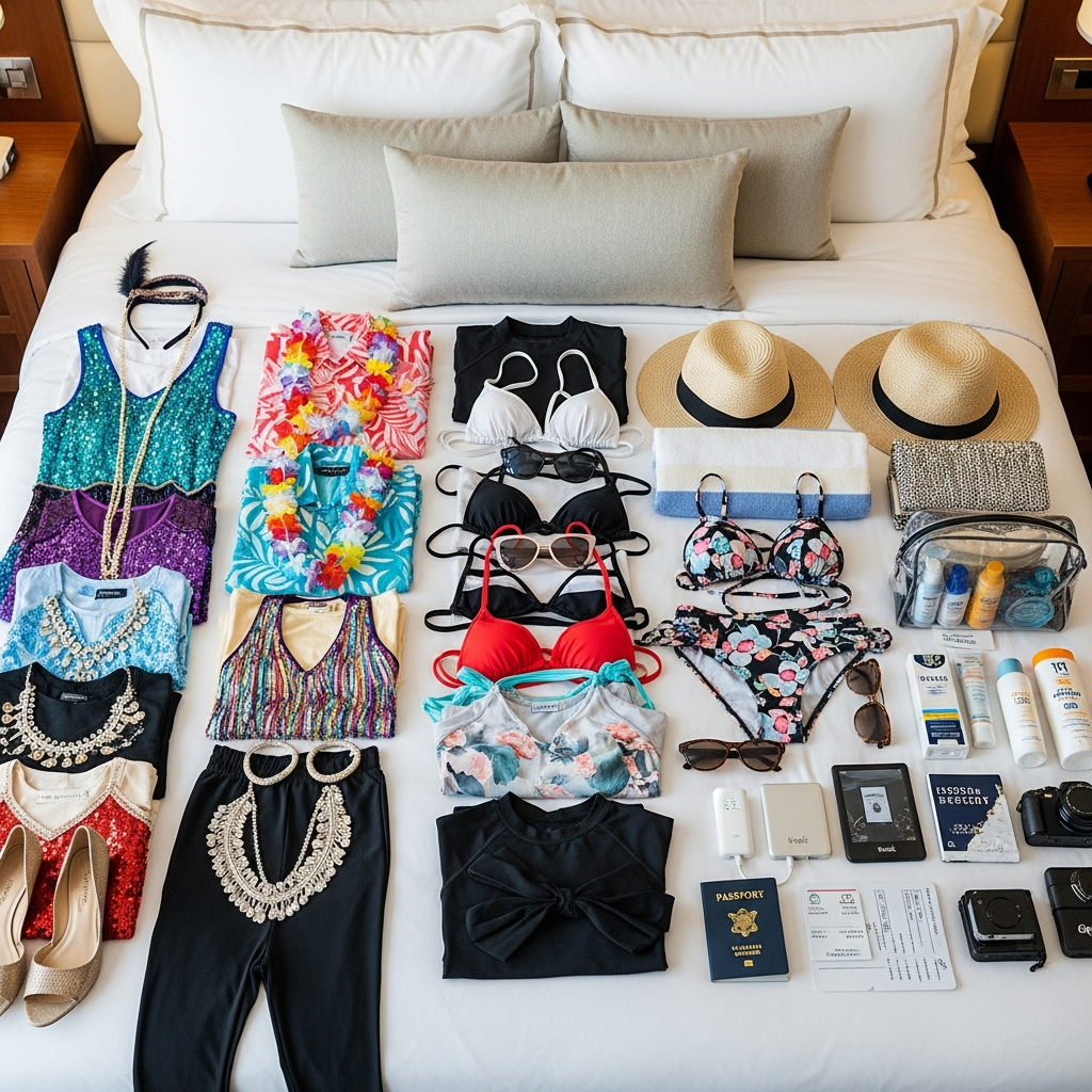 Lifestyle cruise packing with theme night outfits swimwear and lifestyle event essentials laid out
