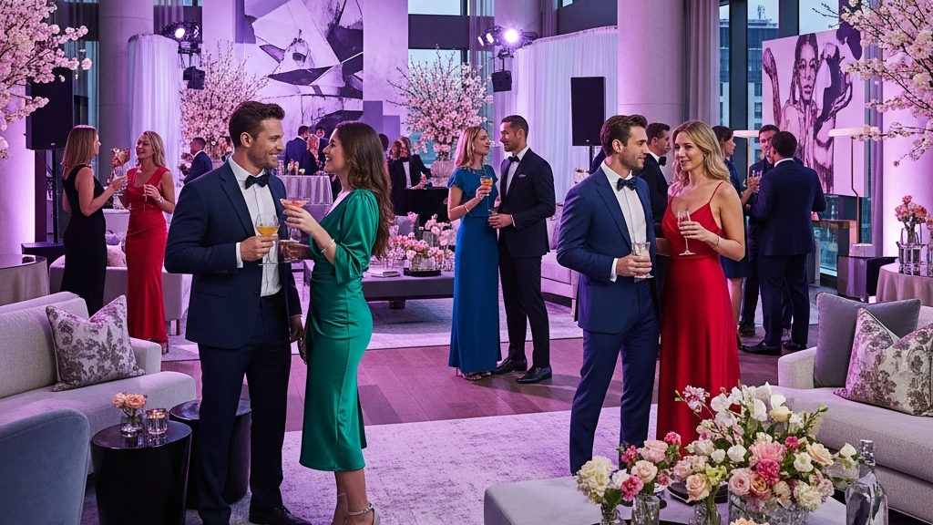 Couples socializing and mingling at upscale lifestyle hotel party with elegant decor and festive atmosphere
