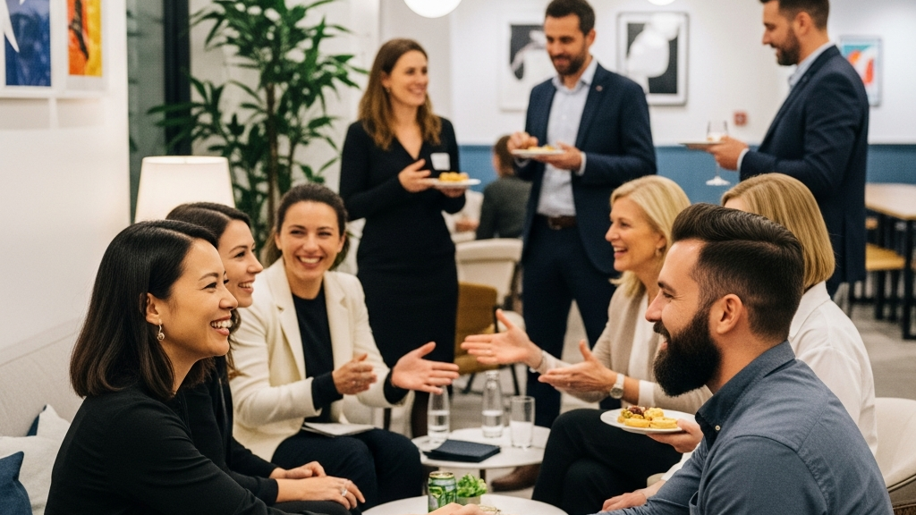 People engaging in friendly conversation and making connections at lifestyle meet and greet with proper etiquette