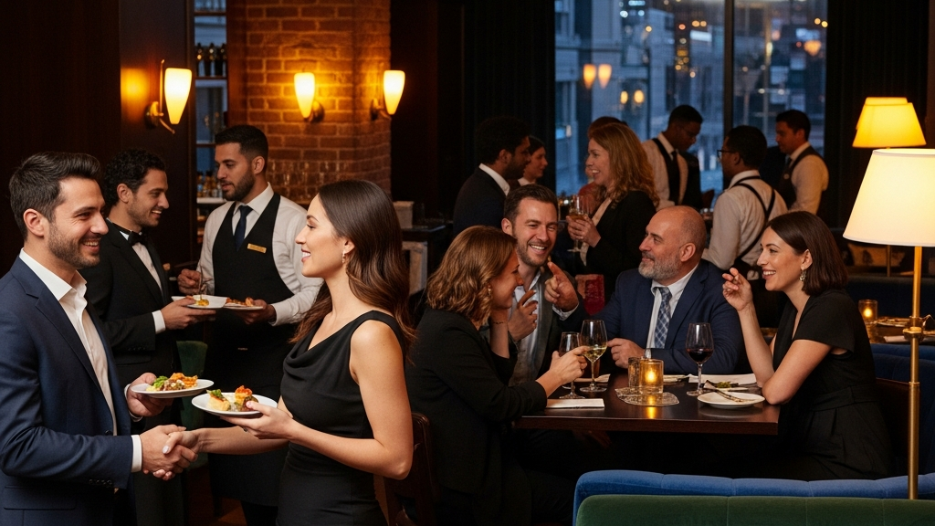 Group of people socializing at upscale lifestyle meet and greet event in restaurant setting with warm lighting