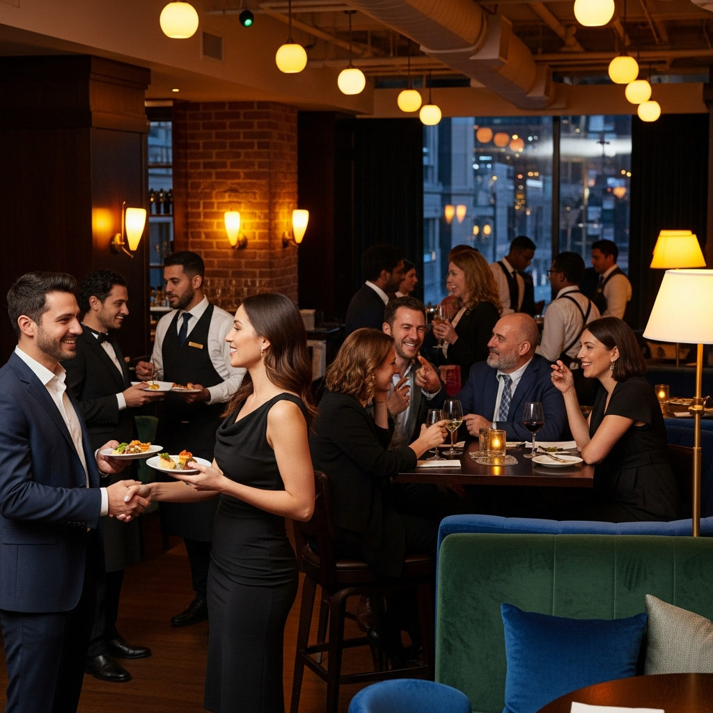 Group of people socializing at upscale lifestyle meet and greet event in restaurant setting with warm lighting